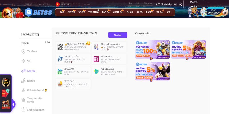 Bet88 hỗ trợ đa dạng phương thức nạp tiền cho người chơi